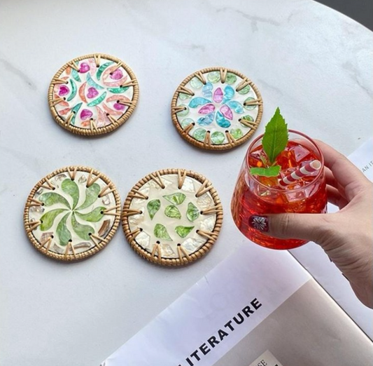 Natural Rattan & Nacre Handmade Coaster 1-Piece