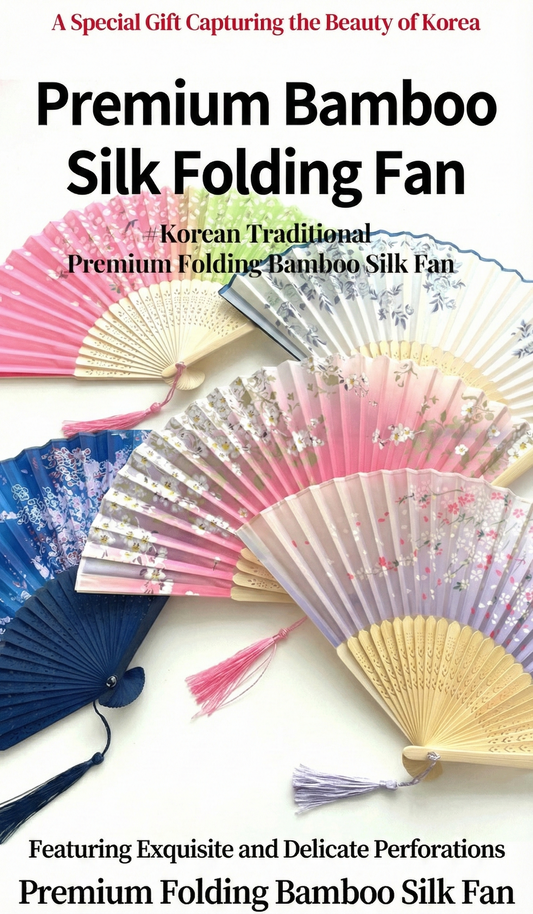 Korean Traditional Silk & Bamboo Folding Fan (Elegant Design)