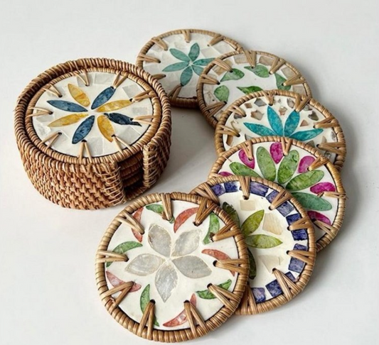 Natural Rattan & Nacre Handmade Coaster 6-Piece Set (Storage Case Included)