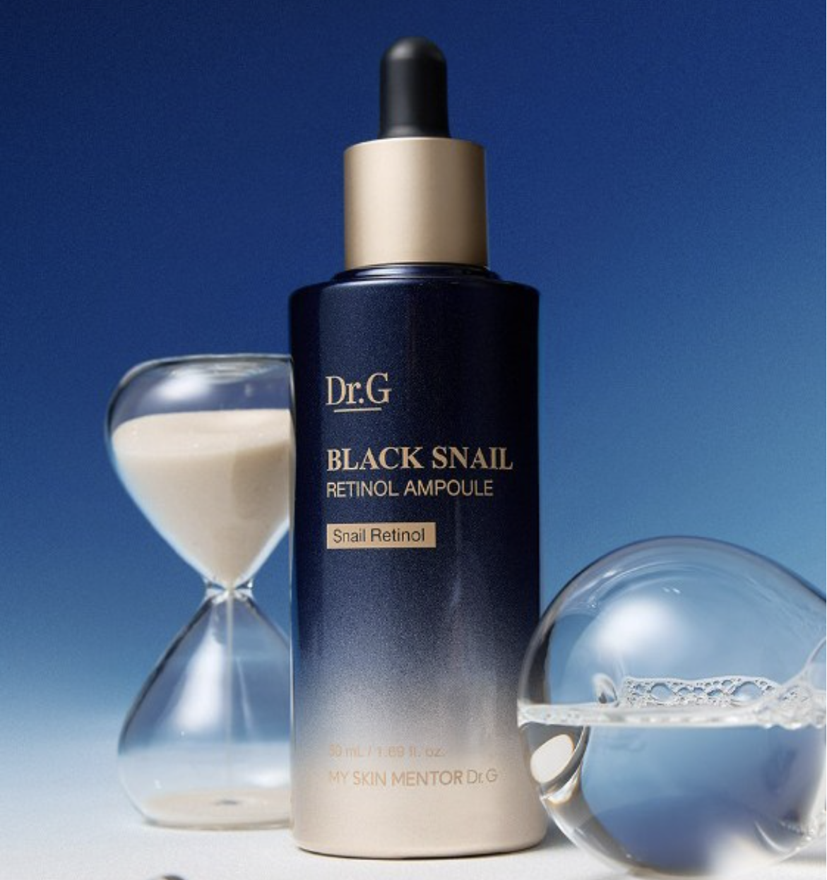 Dr.G Black Snail Retinol Ampoule with time symbol – Anti-aging serum that supports firm and radiant skin over time.