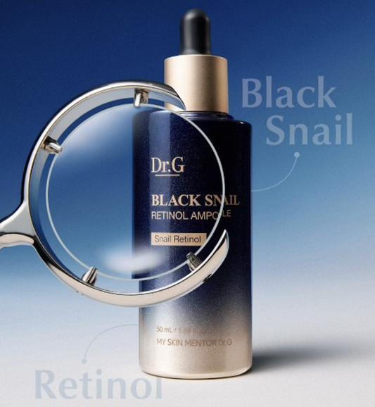 Close-up of Dr.G Black Snail Retinol Ampoule highlighting key ingredients – snail mucin and retinol for firming care.