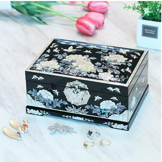 Najeonchilgi Mother of Pearl Peony 2-Tier Jewelry Box - Luxury Korean Traditional Keepsake (Black)