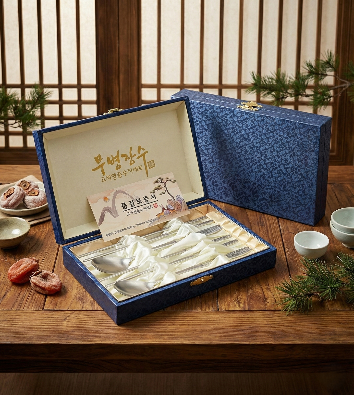 [Goryeo] Hunminjeongeum Blue & Red Couple Spoon & Chopstick 2-Pair Gift Set - Premium Laser-Engraved 18-10 Stainless Steel