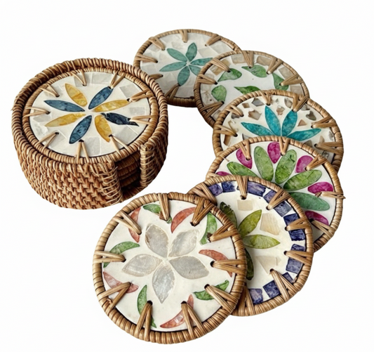 Natural Rattan & Nacre Handmade Coaster 6-Piece Set (Storage Case Included)
