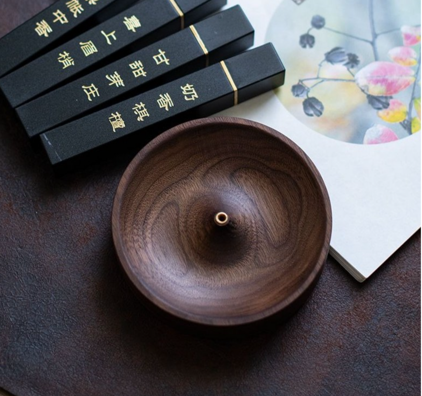 Minimalist Solid Walnut Incense Holder - 75mm Round Ash Catcher